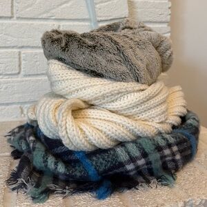 Scarf Trio of Blue Plaid, Cream Knit, and Tan Fur